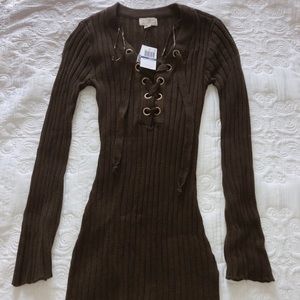 V-neck Lace Up Dark Green Sweater